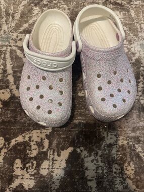 CROCS Kids' Glitter Clog in White with Pink and Blue Sparkle